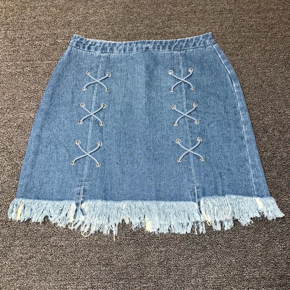 Hayden Denim Skirt Womens Small Blue Medium Wash Frayed Hem Boho Casual Coquette